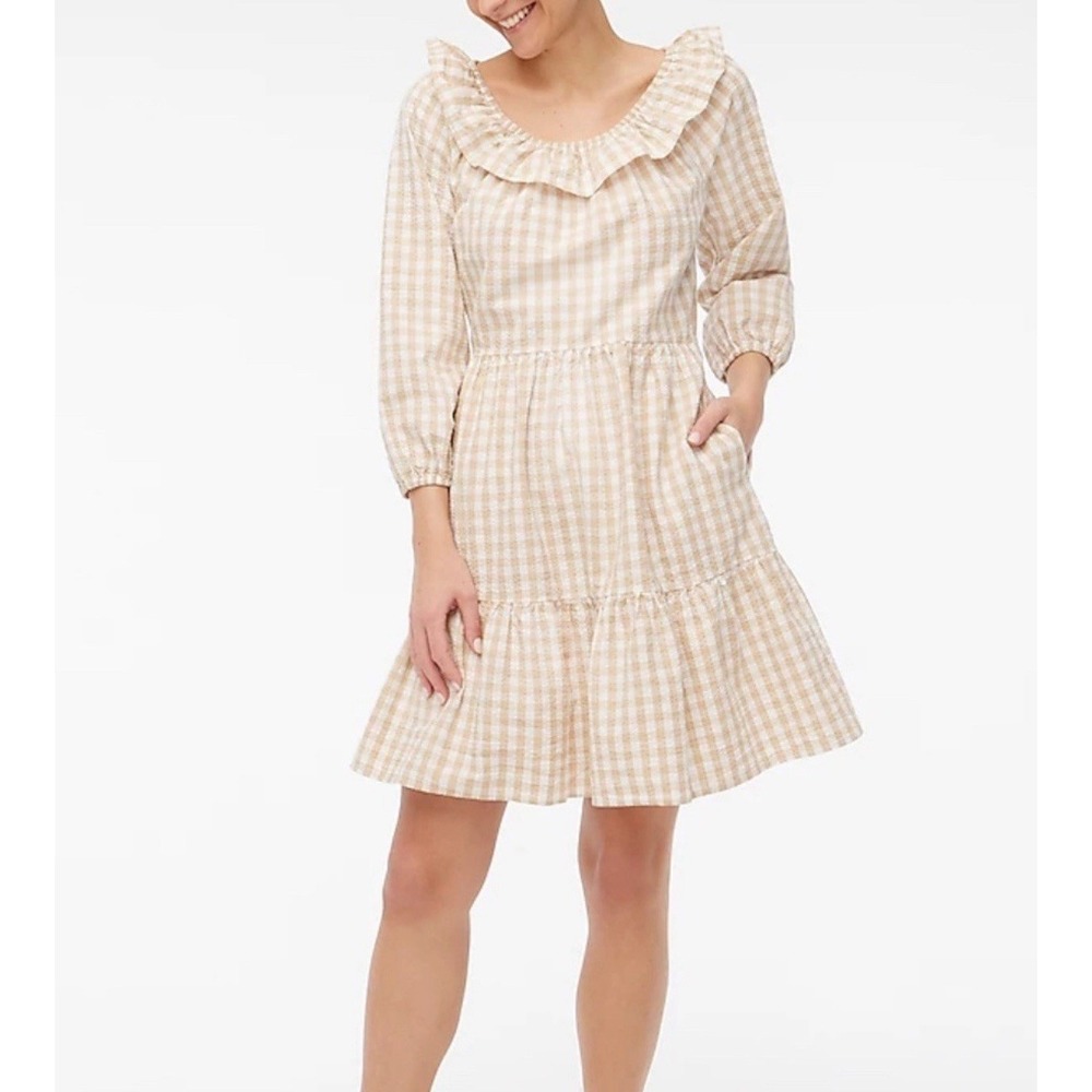 J.Crew Seersucker Ruffleneck Mini Dress Women 4 White Beige Gingham Plaid Preppy